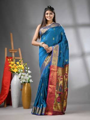 Sapphire blue peacock motifs paithani silk saree with zari borders 1