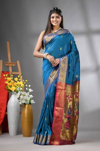 Sapphire blue peacock motifs paithani silk saree with zari borders