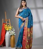Sapphire blue peacock motifs paithani silk saree with zari borders