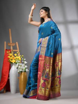 Sapphire blue peacock motifs paithani silk saree with zari borders 2