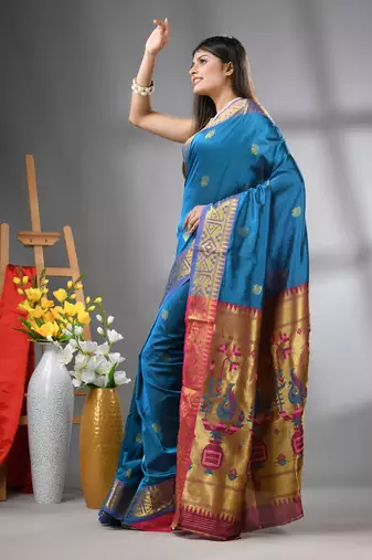 Sapphire blue peacock motifs paithani silk saree with zari borders