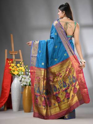 Sapphire blue peacock motifs paithani silk saree with zari borders 3