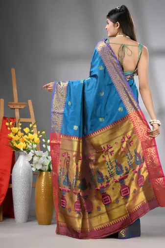 Sapphire blue peacock motifs paithani silk saree with zari borders