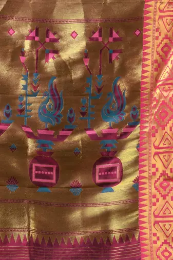 Sapphire blue peacock motifs paithani silk saree with zari borders