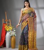 Grey dual-tone muslin soft saree with jamdani designs