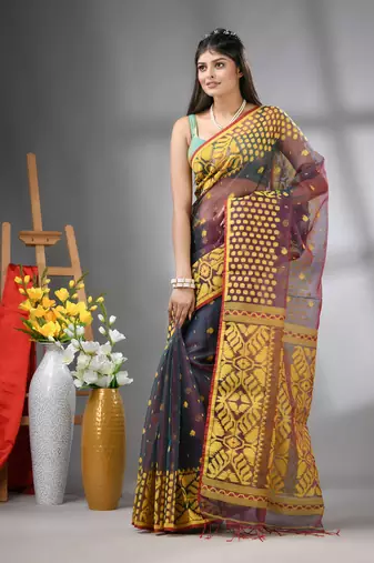 Grey dual-tone muslin soft saree with jamdani designs