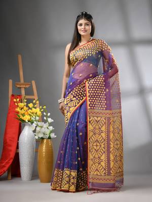 Violet dual-tone muslin soft saree with jamdani designs 1