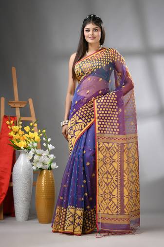 Violet dual-tone muslin soft saree with jamdani designs