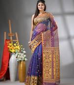 Violet dual-tone muslin soft saree with jamdani designs