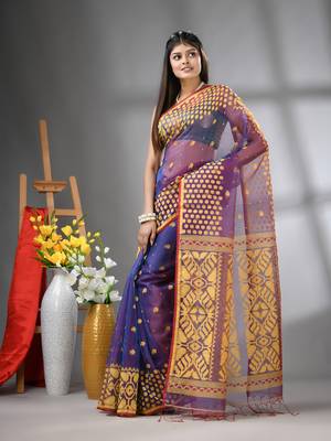 Violet dual-tone muslin soft saree with jamdani designs 2
