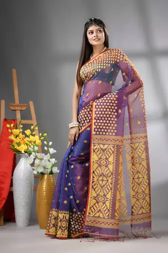 Violet dual-tone muslin soft saree with jamdani designs