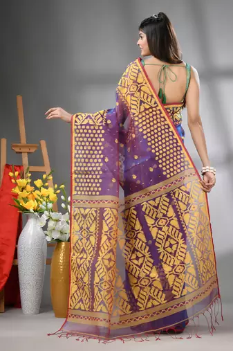 Violet dual-tone muslin soft saree with jamdani designs