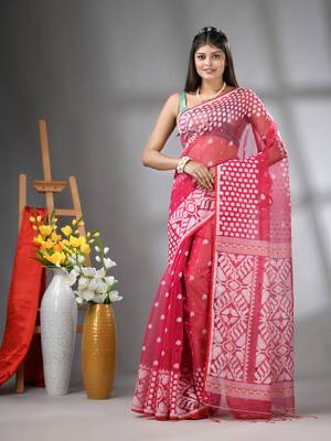 Hot pink muslin soft saree with jamdani designs 1