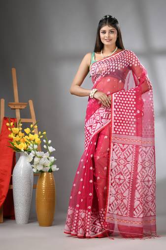 Hot pink muslin soft saree with jamdani designs
