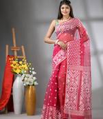 Hot pink muslin soft saree with jamdani designs