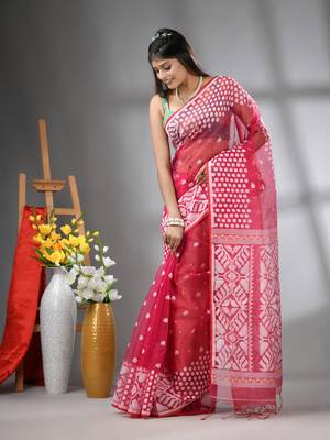 Hot pink muslin soft saree with jamdani designs 2