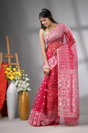 Hot pink muslin soft saree with jamdani designs