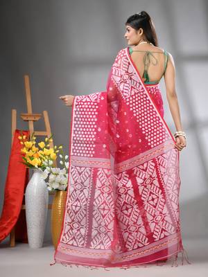 Hot pink muslin soft saree with jamdani designs 3