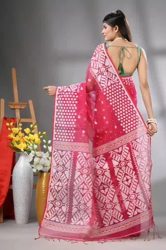 Hot pink muslin soft saree with jamdani designs