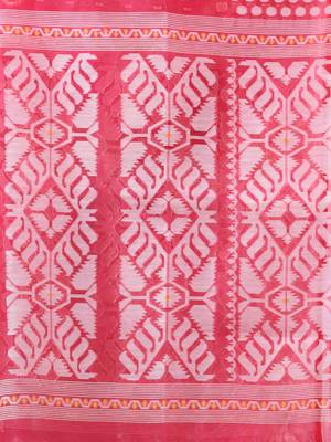 Hot pink muslin soft saree with jamdani designs 4