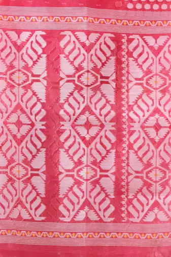 Hot pink muslin soft saree with jamdani designs