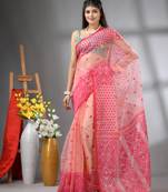 Peach muslin soft saree with jamdani designs
