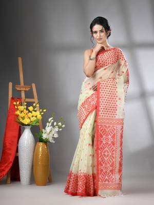 Pistachio green muslin soft saree with jamdani designs 1