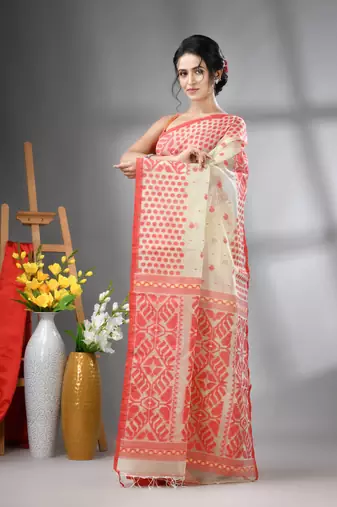 Pistachio green muslin soft saree with jamdani designs