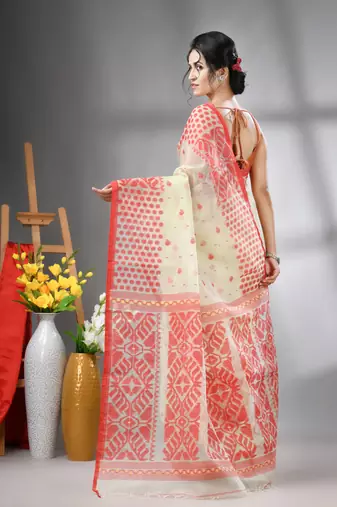 Pistachio green muslin soft saree with jamdani designs