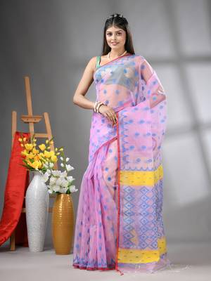 Pink muslin soft saree with jamdani designs 1