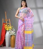 Pink muslin soft saree with jamdani designs