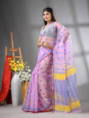 Pink muslin soft saree with jamdani designs 2