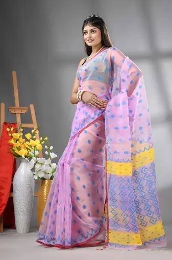Pink muslin soft saree with jamdani designs