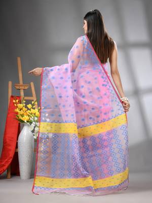 Pink muslin soft saree with jamdani designs 3