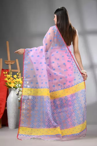 Pink muslin soft saree with jamdani designs