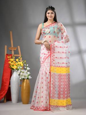 White muslin soft saree with jamdani designs 1