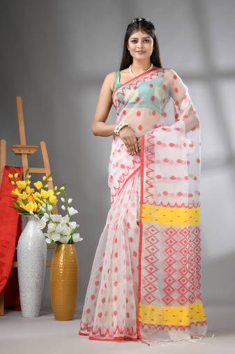 White muslin soft saree with jamdani designs