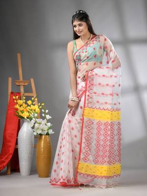 White muslin soft saree with jamdani designs 2