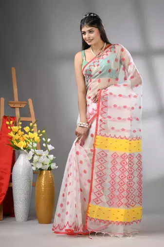 White muslin soft saree with jamdani designs
