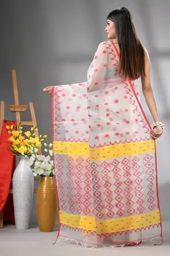 White muslin soft saree with jamdani designs