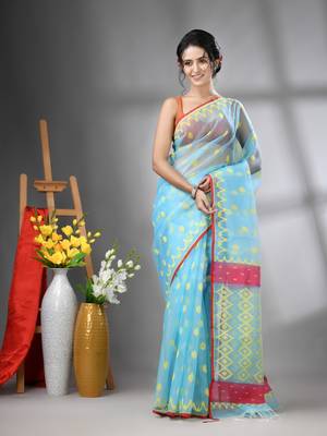 Sky blue muslin soft saree with jamdani designs 1