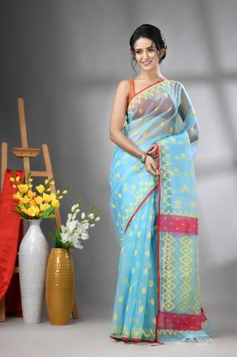Sky blue muslin soft saree with jamdani designs