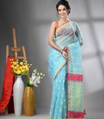 Sky blue muslin soft saree with jamdani designs