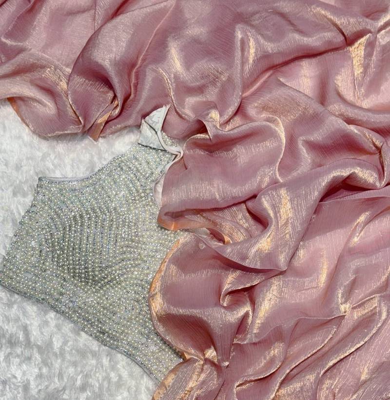 Onion Pink Organza Hand woven Saree