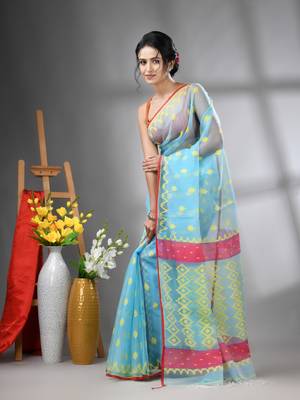 Sky blue muslin soft saree with jamdani designs 2