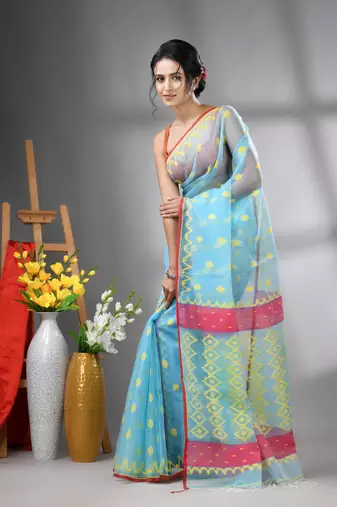Sky blue muslin soft saree with jamdani designs