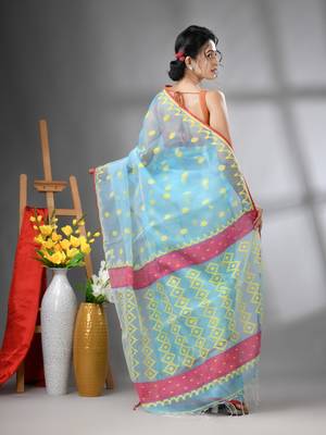Sky blue muslin soft saree with jamdani designs 3
