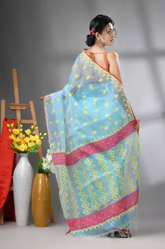 Sky blue muslin soft saree with jamdani designs