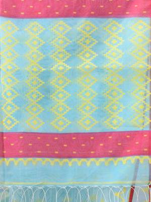 Sky blue muslin soft saree with jamdani designs 4
