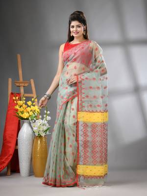 Pistachio green muslin soft saree with jamdani designs 1